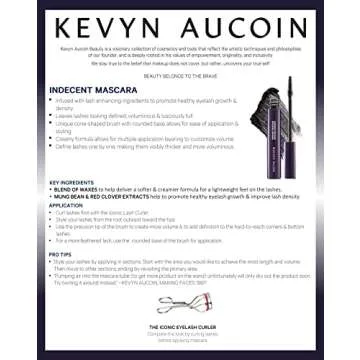Kevyn Aucoin Indecent Mascara, Black: Thin cone-shaped brush. Creamy lash condition formula. Dramatic and natural look. Long wear. Clump & flake-free. Pro makeup artist go to for defined fuller lashes