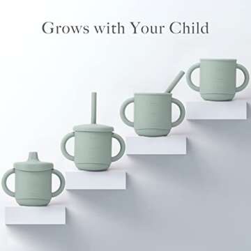 Dilovely Silicone Sippy Cup for Toddler, Transition Straw Cups for baby 12 months +, Unbreakable Kids Cups 3 in 1, 2 Pack Dishwasher & Microwave Safe, BPA Free 7oz Green