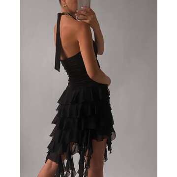 Women Sexy Ruffle Hem Strapless Long Dress Irregular Floral Tassel Split Ruched Bodycon Evening Party Tube Dress(04-Black Halter,S)