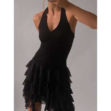 Women Sexy Ruffle Hem Strapless Long Dress Irregular Floral Tassel Split Ruched Bodycon Evening Party Tube Dress(04-Black Halter,S)