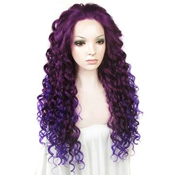 Ebingoo 26 Inch Fashion Purple Mixed Lace Front Wigs for Women +Wig Cap Long Curly Wavy Synthetic La...