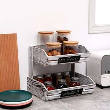 HYLEHE Fruit Basket Hanging Storage, 2 Tier Farmhouse Standing Wooden Organizer, Classic Pastoral Fo...