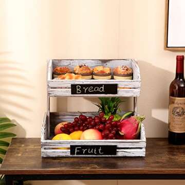 HYLEHE Fruit Basket Hanging Storage, 2 Tier Farmhouse Standing Wooden Organizer, Classic Pastoral Food Basket for Kitchen, Office, Dining Room and Guest Room (Need Assemble)