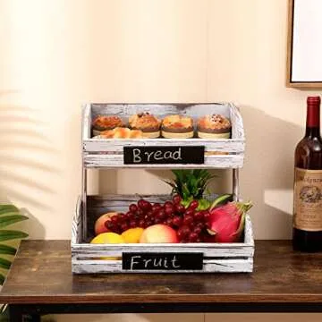 HYLEHE Fruit Basket Hanging Storage, 2 Tier Farmhouse Standing Wooden Organizer, Classic Pastoral Food Basket for Kitchen, Office, Dining Room and Guest Room (Need Assemble)