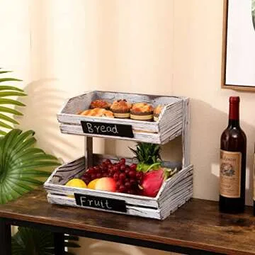 HYLEHE Fruit Basket Hanging Storage, 2 Tier Farmhouse Standing Wooden Organizer, Classic Pastoral Food Basket for Kitchen, Office, Dining Room and Guest Room (Need Assemble)