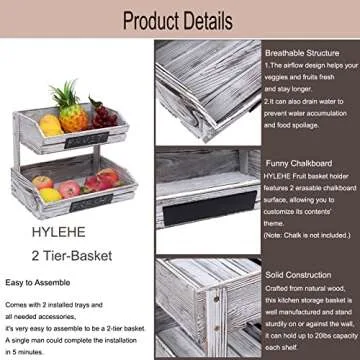 HYLEHE Fruit Basket Hanging Storage, 2 Tier Farmhouse Standing Wooden Organizer, Classic Pastoral Food Basket for Kitchen, Office, Dining Room and Guest Room (Need Assemble)