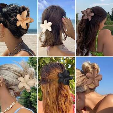 Sisiaipu Hawaiian Plumeria Flower Claw Hair Clips - 6 Pcs Large for Thick Hair and Thin for Beach, Hair Accessories for Women and Girls - Khaki
