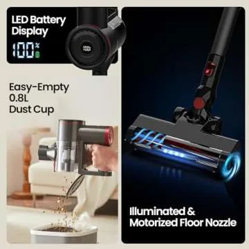 RONEAIR Cordless Vacuum Cleaner with Bendable Wand, Lightweight Stick Vacuum for Home Hardwood Floor Carpet Pet Hair, 6 in 1 Handheld Vacuum, LED Display, LED Headlight, Self-Standing, Rechargeable