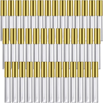 Patelai 40 Pieces Empty Lip Gloss Tubes Containers Clear Lip Balm Bottle with Rubber Stopper and 2 Pieces Funnels for Women DIY Makeup Lip Samples(10 ml,Gold)