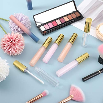 Patelai 40 Pieces Empty Lip Gloss Tubes Containers Clear Lip Balm Bottle with Rubber Stopper and 2 Pieces Funnels for Women DIY Makeup Lip Samples(10 ml,Gold)