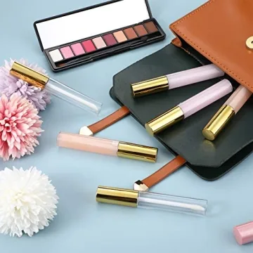 Patelai 40 Pieces Empty Lip Gloss Tubes Containers Clear Lip Balm Bottle with Rubber Stopper and 2 Pieces Funnels for Women DIY Makeup Lip Samples(10 ml,Gold)