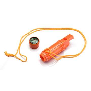 SE 5-in-1 Orange Survival Whistle with Compass, Signaling Mirror, Lanyard, and Fire Starter - 112dB,...