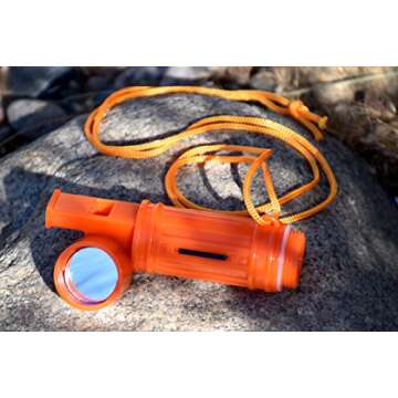 SE 5-in-1 Orange Survival Whistle with Compass, Signaling Mirror, Lanyard, and Fire Starter - 112dB, 4.5-Inch Length - Ideal for Hiking, Camping, Emergencies - CCH5-1