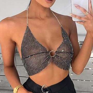 Reetan Crystal Body Chain Black Elastic Mesh Bikini Chest Chains Fashion Crop Tops Nightclub Body Jewelry Accessories for Women and Girls