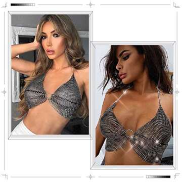 Reetan Crystal Body Chain Black Elastic Mesh Bikini Chest Chains Fashion Crop Tops Nightclub Body Jewelry Accessories for Women and Girls