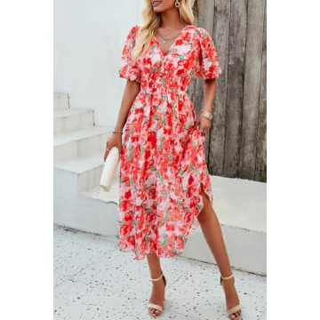 UEAL Spring Dresses for Women 2024 Flowy Party Floral Midi Wrap Easter Sun Dress for Women Small Red