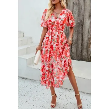 UEAL Spring Dresses for Women 2024 Flowy Party Floral Midi Wrap Easter Sun Dress for Women Small Red