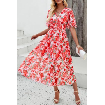UEAL Spring Dresses for Women 2024 Flowy Party Floral Midi Wrap Easter Sun Dress for Women Small Red
