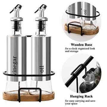 Tebery 2 Pack Olive Oil and Vinegar Bottle Set with Rack and Wooden Base, 10OZ Olive Oil Dispenser Glass Cooking Oil Cruet Bottles with Pourers and Funnel for Kitchen