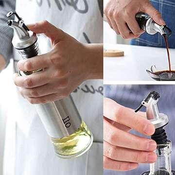 Tebery 2 Pack Olive Oil and Vinegar Bottle Set with Rack and Wooden Base, 10OZ Olive Oil Dispenser Glass Cooking Oil Cruet Bottles with Pourers and Funnel for Kitchen