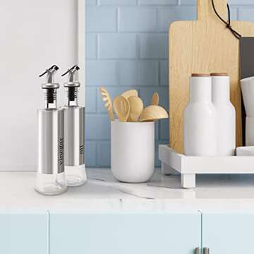 Tebery 2 Pack Olive Oil and Vinegar Bottle Set with Rack and Wooden Base, 10OZ Olive Oil Dispenser Glass Cooking Oil Cruet Bottles with Pourers and Funnel for Kitchen