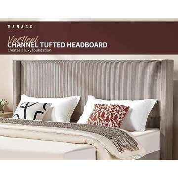 VanAcc Queen Size Platform Bed Frame, 50.8" Corduroy Upholstered Bed with Vertical Channel Tufted Headboard/Wooden Slats/Wingback/No Box Spring Required/Taupe