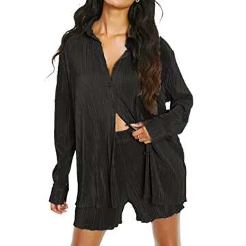 NUFIWI Women 2 Piece Pleated Pants Set Long Sleeve Button Down Shirt Blouse Top Wide Leg Pants Outfi...