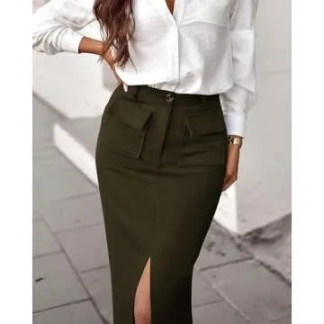 KIRUNDO Women's Skirts Trendy Spring Summer High Waisted Pencil Wrap Midi Cargo Skirt with Slit Business Casual Clothes(Army Green, Small)