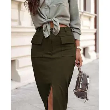 KIRUNDO Women's Skirts Trendy Spring Summer High Waisted Pencil Wrap Midi Cargo Skirt with Slit Business Casual Clothes(Army Green, Small)