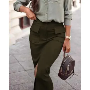 KIRUNDO Women's Skirts Trendy Spring Summer High Waisted Pencil Wrap Midi Cargo Skirt with Slit Business Casual Clothes(Army Green, Small)