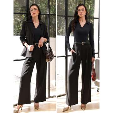 Prettywear Womens Long Sleeve Shirts Trendy Collared V Neck Fitted Basic Business Casual Work Fall T...