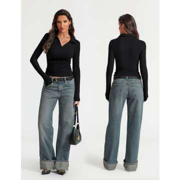 Prettywear Womens Long Sleeve Shirts Trendy Collared V Neck Fitted Basic Business Casual Work Fall Tops TShirts Black