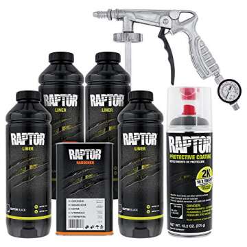 U-Pol Raptor 4 Quart Kit - Black Urethane Spray-On Truck Bed Liner Kit Custom Coat Spray Gun with Re...
