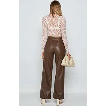 Faux Leather Pants for Women Solid Color High Waist Straight Leg Trousers Vintage 90s Streetwear Pant with Pockets