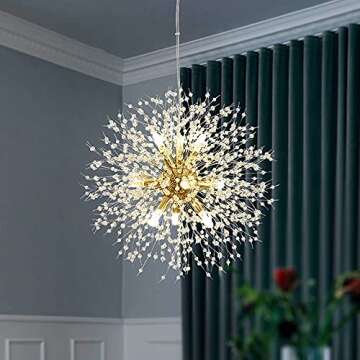 Qamra Modern Gold Crystal Chandeliers, Firework Dandelion Sputnik Chandelier Light Fixture Pendant L...