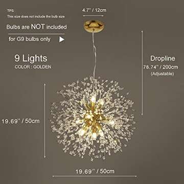 Qamra Modern Gold Crystal Chandeliers, Firework Dandelion Sputnik Chandelier Light Fixture Pendant Lighting for Dining Room, Bedroom, Kitchen, Living Room(9-Light, Gold)