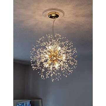 Qamra Modern Gold Crystal Chandeliers, Firework Dandelion Sputnik Chandelier Light Fixture Pendant Lighting for Dining Room, Bedroom, Kitchen, Living Room(9-Light, Gold)