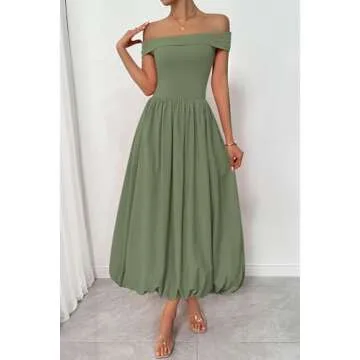 PRETTYGARDEN Womens Summer Off Shoulder Sleeveless Midi Dress Cocktail A Line Flowy Wedding Guest Dresses with Pockets (Army Green,Large)