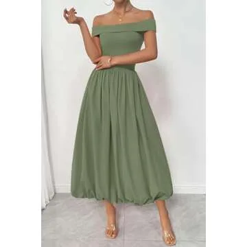 PRETTYGARDEN Womens Summer Off Shoulder Sleeveless Midi Dress Cocktail A Line Flowy Wedding Guest Dresses with Pockets (Army Green,Large)