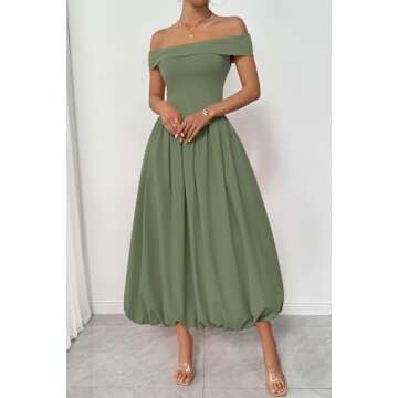 PRETTYGARDEN Womens Summer Off Shoulder Sleeveless Midi Dress Cocktail A Line Flowy Wedding Guest Dresses with Pockets (Army Green,Large)