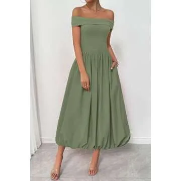 PRETTYGARDEN Womens Summer Off Shoulder Sleeveless Midi Dress Cocktail A Line Flowy Wedding Guest Dresses with Pockets (Army Green,Large)