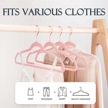 HOUSE DAY Pink Velvet Hangers 60 Pack, Premium Non-Slip Felt Clothes, Sturdy Heavy Duty Coat, Durable Hangers for Suits, Space Saving with No Hanger Mark, 360° Swivel Rotating Rose Gold Hook