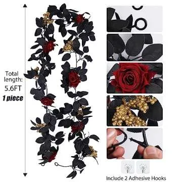 RECUTMS Burgundy Artificial Halloween Garland 5.6 FT Silk Flower Plastic Fake Rose Garland for Weddi...