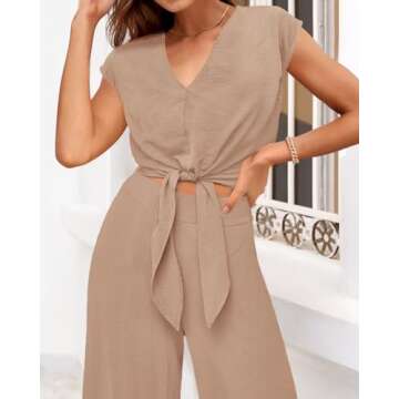 PRETTYGARDEN Vacation Outfits For Women 2025 Crop Tops Flowy Pant Sets 2 Piece Dressy Jumpsuits Summer Beach Wear(Solid Khaki,Medium)