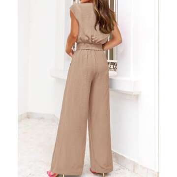 PRETTYGARDEN Vacation Outfits For Women 2025 Crop Tops Flowy Pant Sets 2 Piece Dressy Jumpsuits Summer Beach Wear(Solid Khaki,Medium)