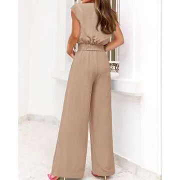 PRETTYGARDEN Vacation Outfits For Women 2025 Crop Tops Flowy Pant Sets 2 Piece Dressy Jumpsuits Summer Beach Wear(Solid Khaki,Medium)