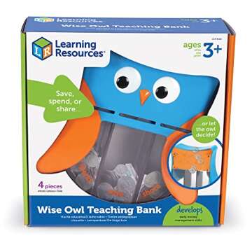 Learning Resources Wise Owl Teaching Bank - 4 Pieces, Ages 3+ Toddler Learning Toys, Play Money Toy for Kids, Save Spend Give Bank