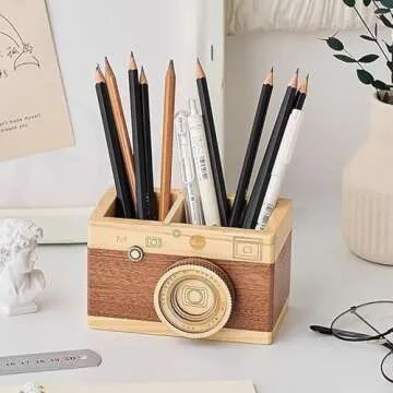 Wooden Camera Pen Holder - Unique Desk Organizer