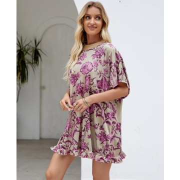 Aimiray Women's Vintage Velvet Dress Round Neck Short Sleeve Floral Printed Mini Flowy Dress(Green-XL)