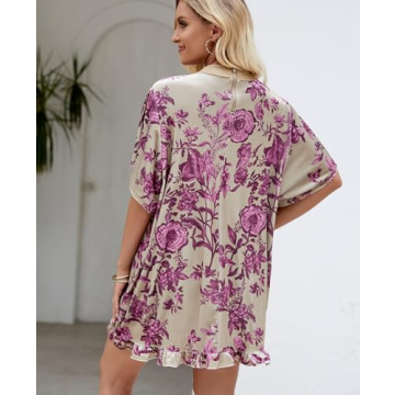 Aimiray Women's Vintage Velvet Dress Round Neck Short Sleeve Floral Printed Mini Flowy Dress(Green-XL)